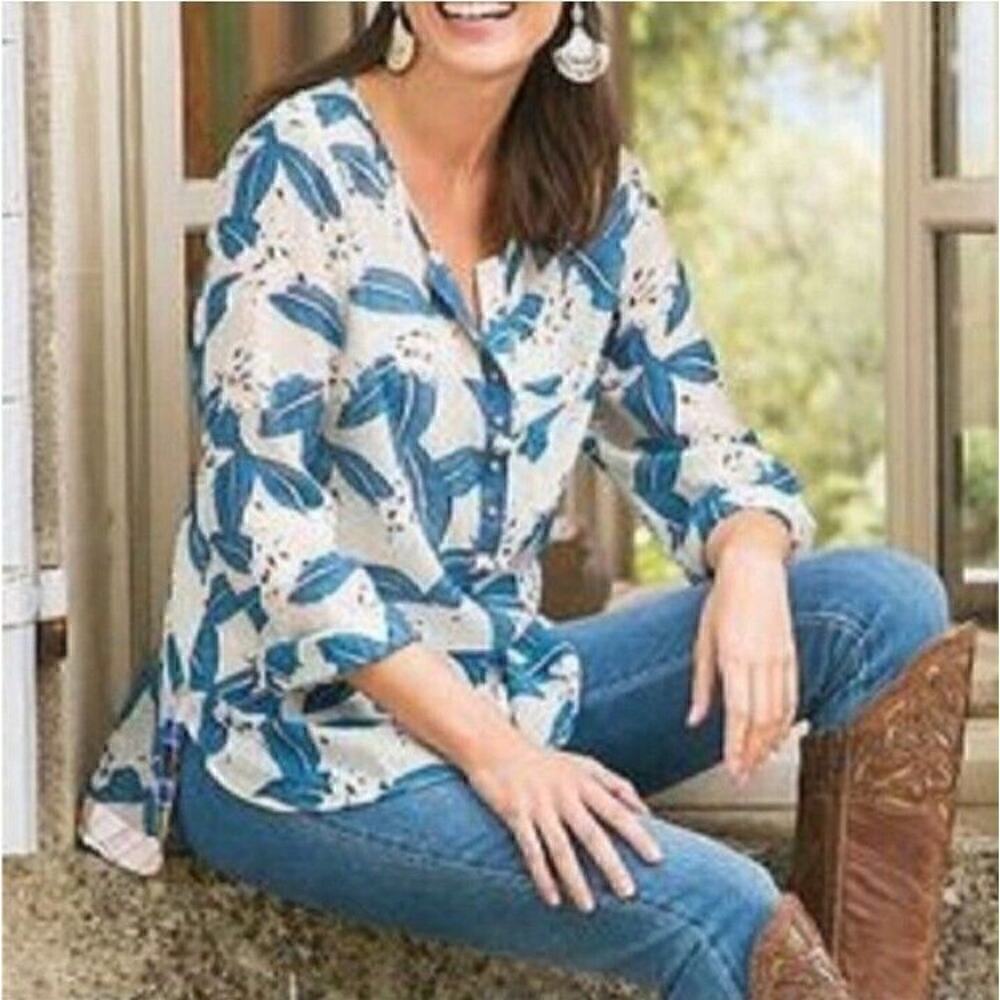 Soft‎ Surroundings Sz XS Silk Blend Palm Leaves Tropical Hawaiian Casual Office